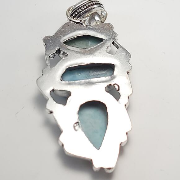 Triple Larimar Stone Silver Pendant (2") on 18" Necklace - Picture 8 of 9